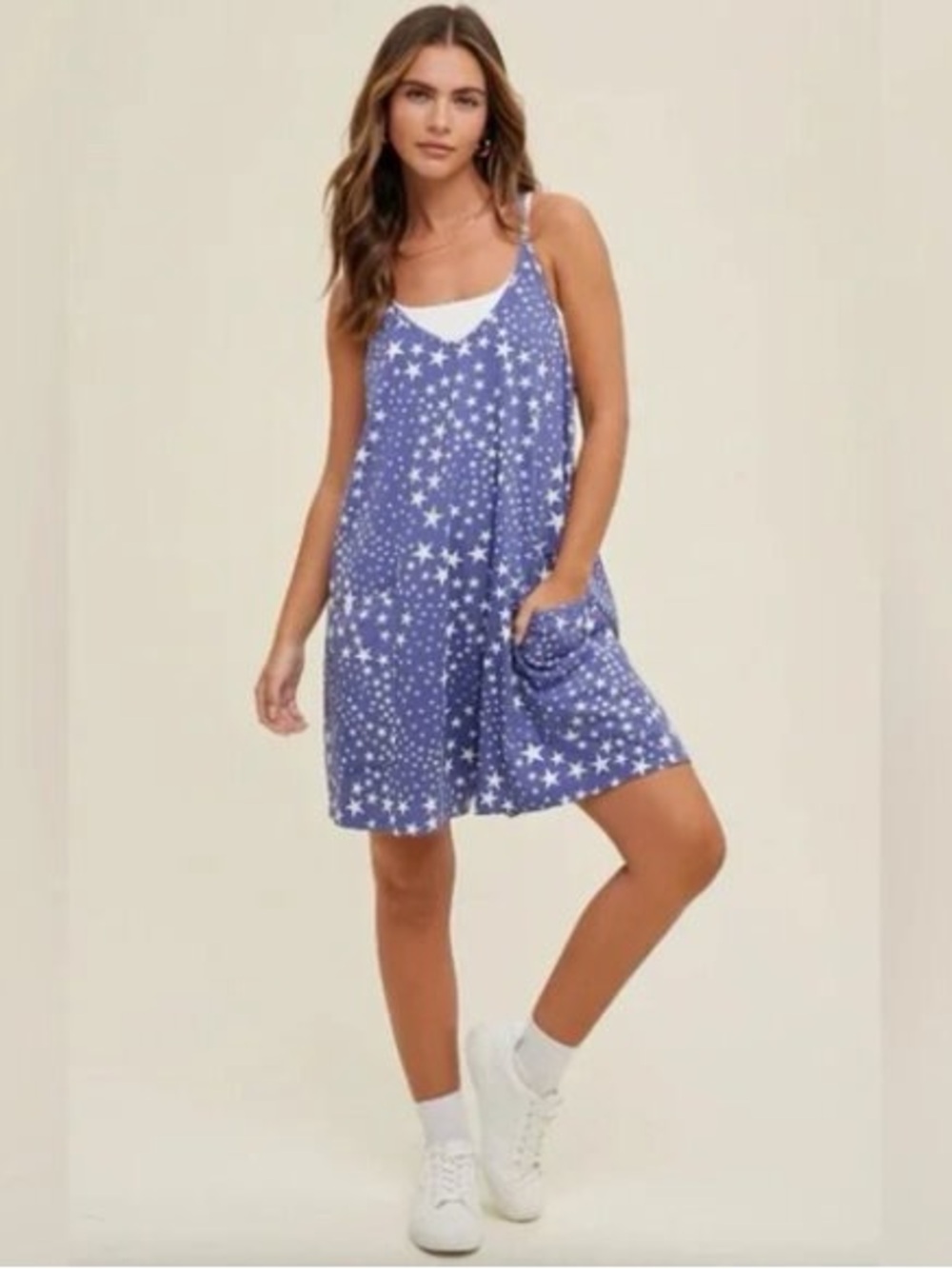 Free People FP Movement Hot Shot Indigo Blue White Star Print Romper Size XS NWT